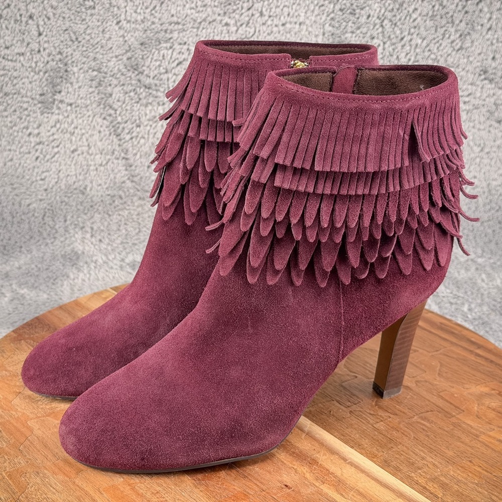 Plum Purple Suede Fringe Boots Ankle Booties Women 9.5 Isola - Picture 3 of 7